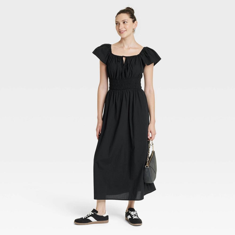 Womens Smocked Flutter Sleeve Midi A-Line Dress - Universal Thread Black XS: Cotton, Side Pocket, Pull-On Product Image