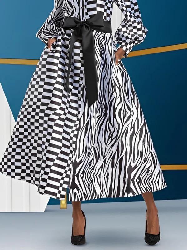 A-Line High Waisted Buttoned Contrast Color Plaid Pockets Tied Waist Lapel Midi Dresses Product Image