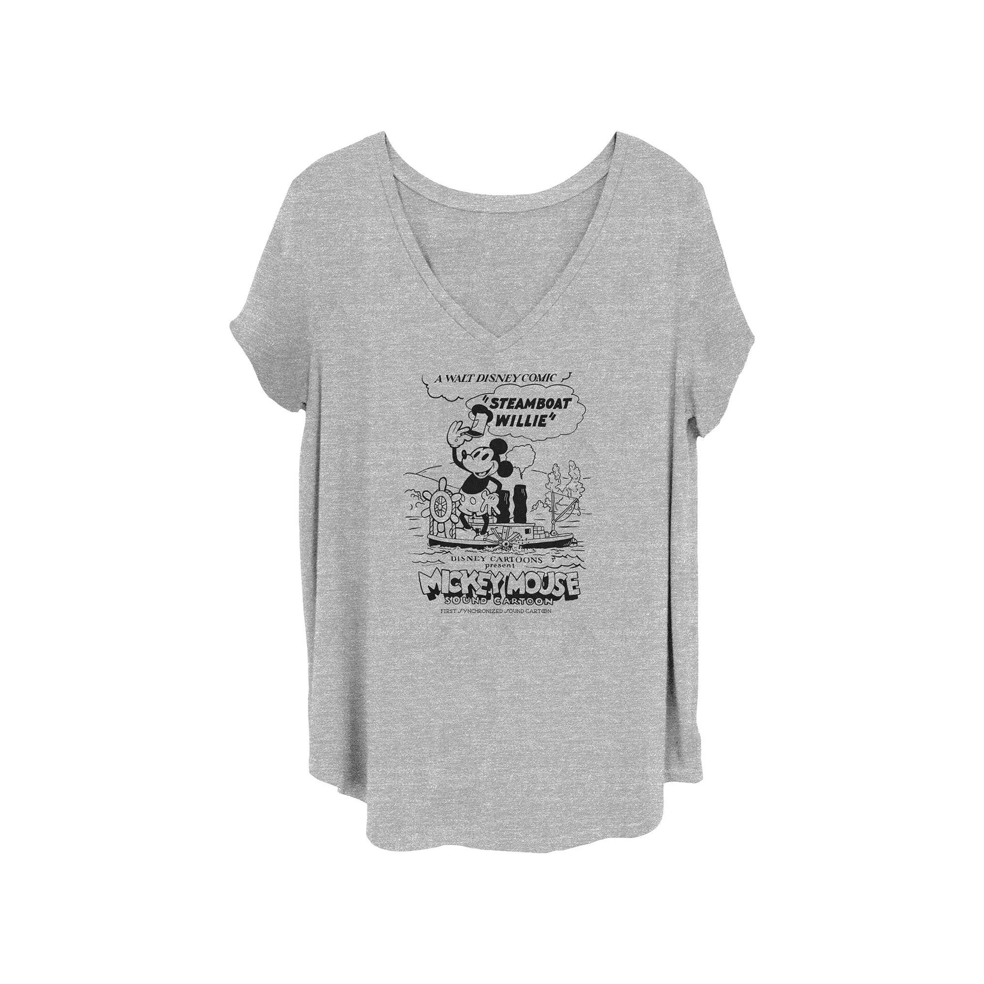 Disney's 100th Anniversary Women's Mickey Mouse Steamboat Willie Cartoon Comic V-Neck Tee, Girl's, Size: 2XL, Grey Gray Product Image