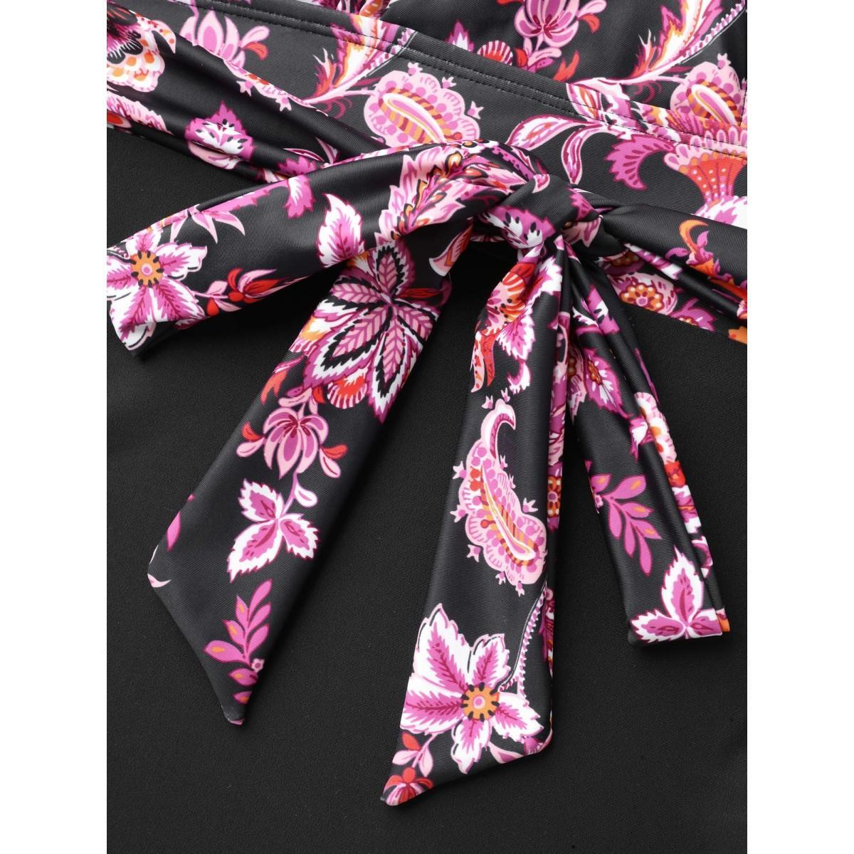 Plus Size Floral Print Front-Knot One-Piece Swimsuit Women's Swimwear Black Beach Tie knot Curve Bathing Suits High stretch One Pieces BloomChic 18-20/2X Product Image