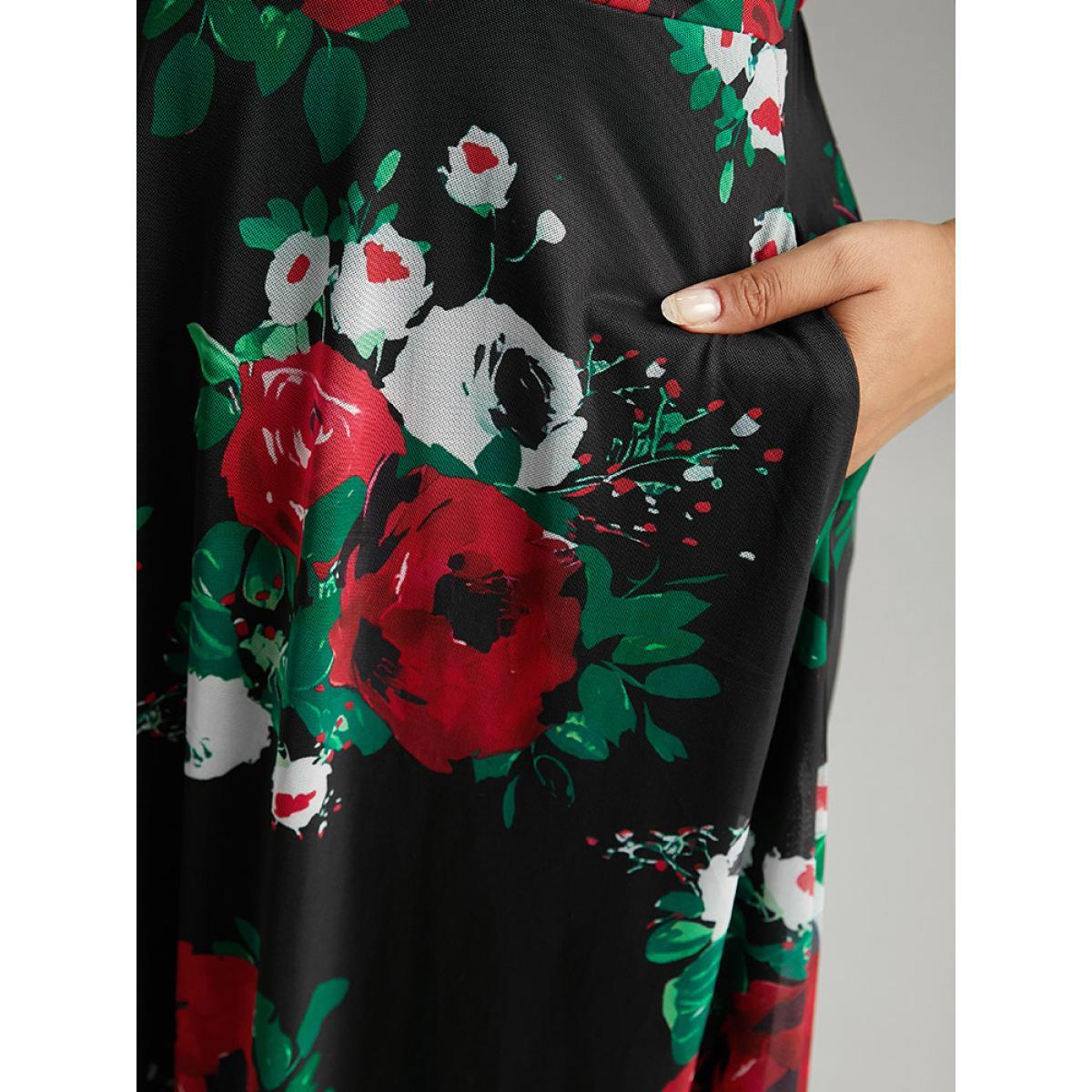 Plus Size Floral Mesh Patchwork Elastic Waist Dress Black Women Cocktail See through V-neck Half Sleeve Curvy Midi Dress BloomChic 30/6X Product Image