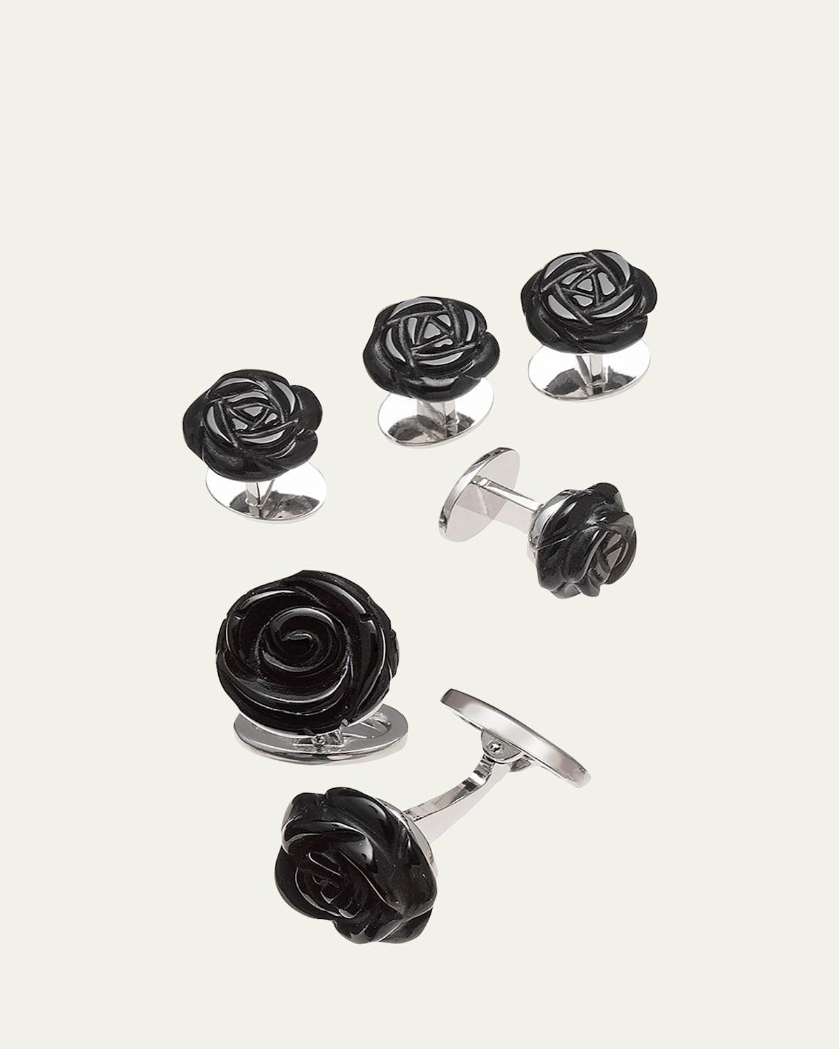 Onyx Carved Rose Tuxedo Cuff Link and Stud Set Product Image