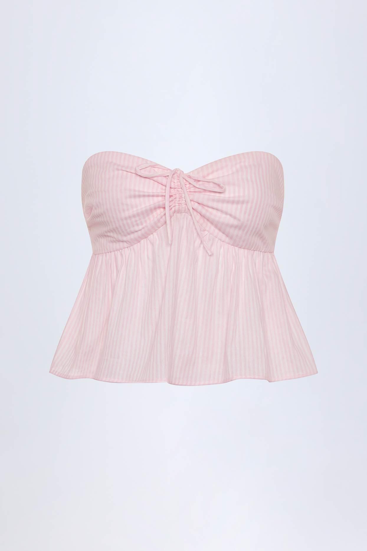 Tie-Front Strapless Cotton-Poplin Crop Top in Pink & White Stripe Product Image
