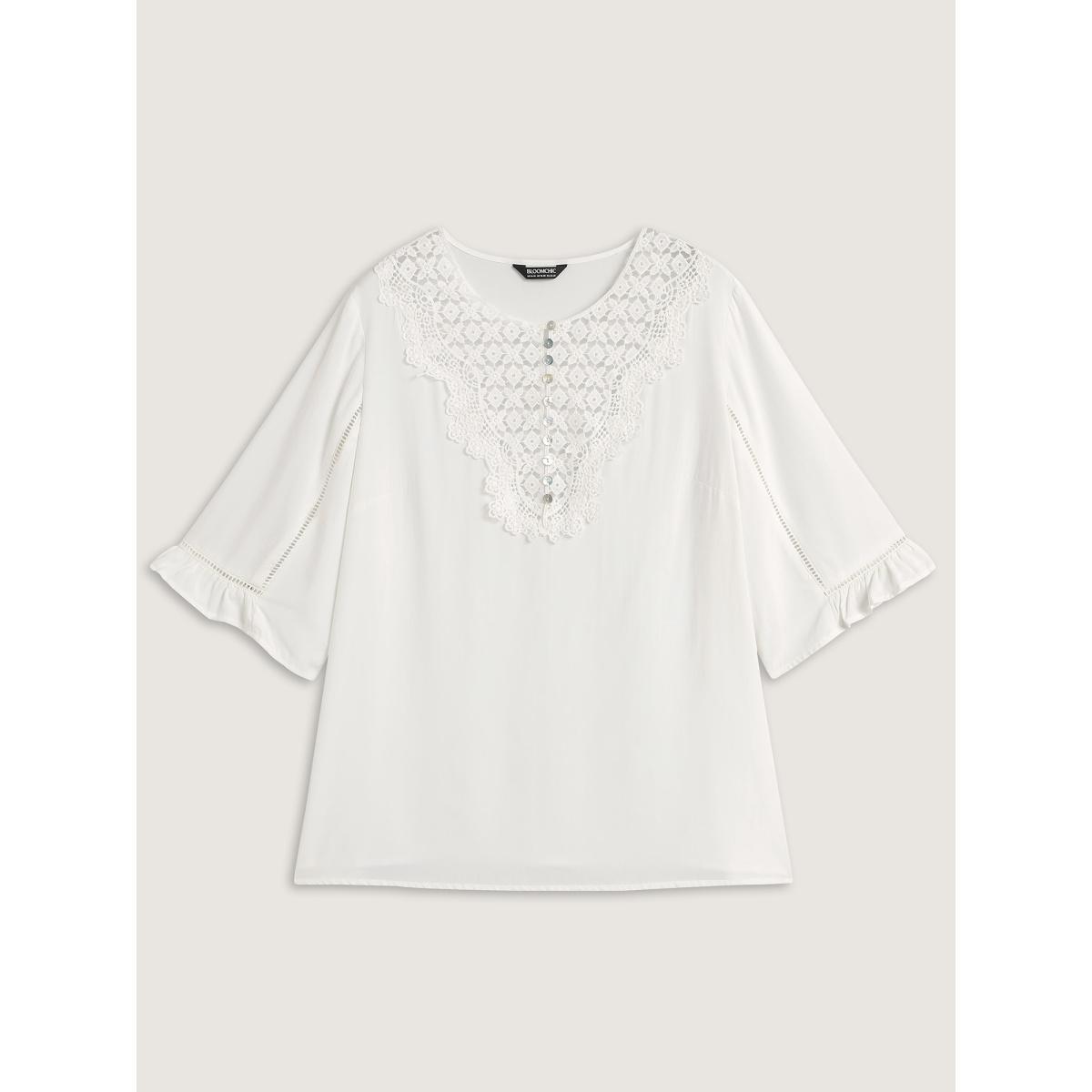 Plus Size WhiteSmoke Lace Spliced Button Detail Blouse Women Elbow-length sleeve Round Neck Everyday-Elegant Blouses BloomChic 18-20/2X Product Image