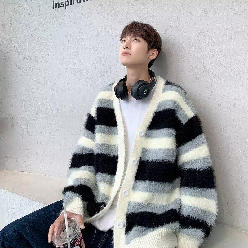 V-Neck Striped Fluffy Cardigan Product Image
