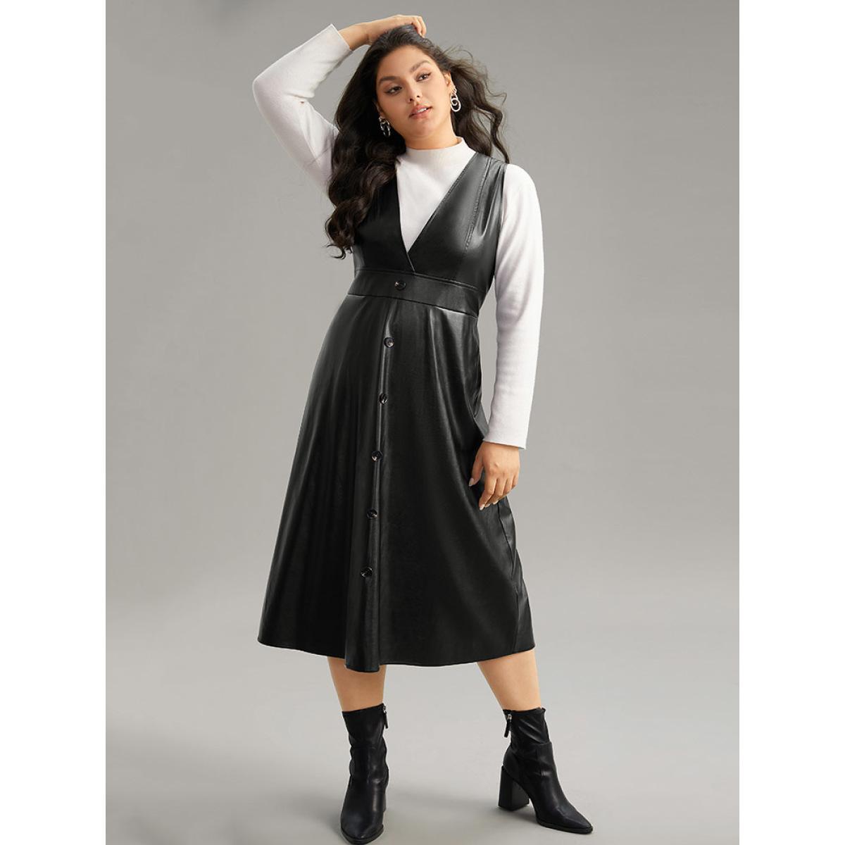 Plus Size PU Leather Sleeveless Button Detail Dress Black Women Office Plain V-neck Sleeveless Curvy Midi Dress BloomChic 18-20/2X Product Image