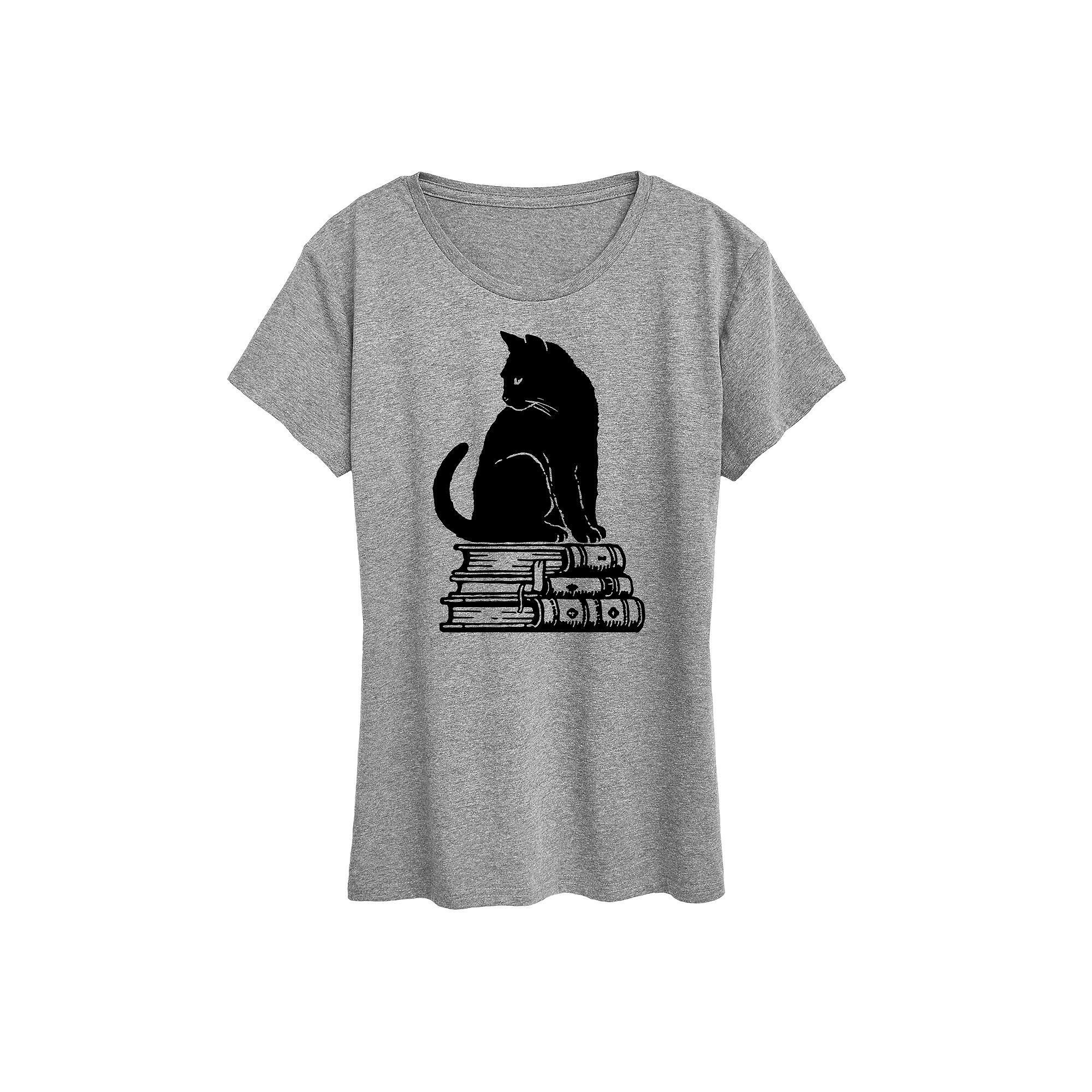 Womens Black Cat on Books Graphic Tee, Girls Grey Gray Product Image
