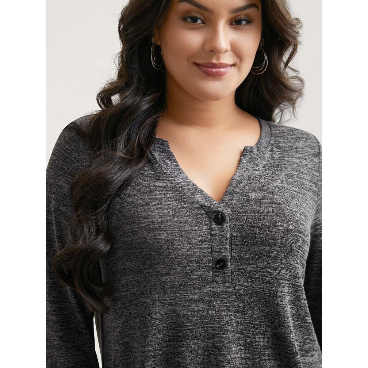 Plus Size Heather Textured Button-Front Fitted T-Shirt DimGray Women Casual Button Notched collar Bodycon Everyday T-shirts BloomChic 26/4X Product Image