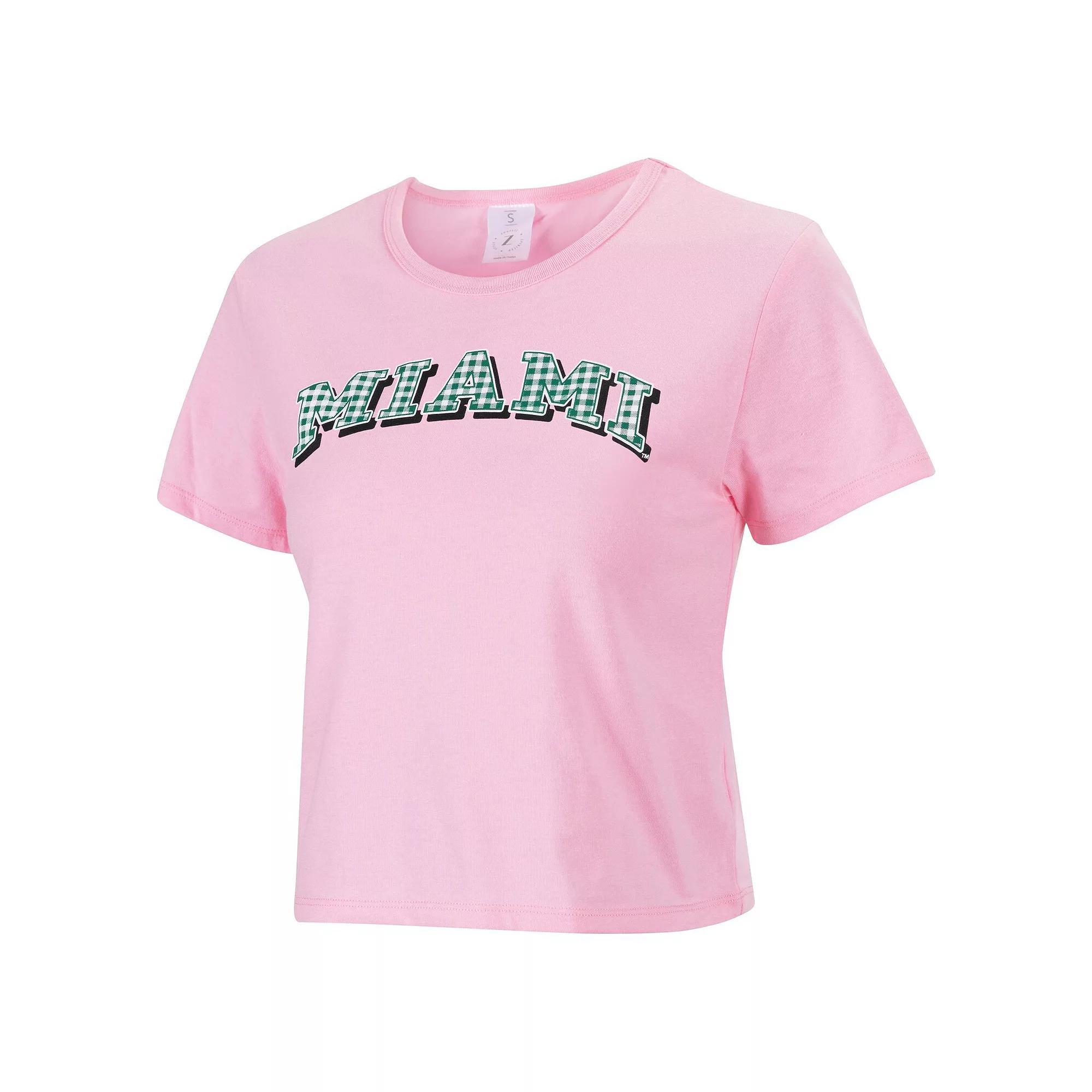 Women's ZooZatz Pink Miami Hurricanes Gingham Logo Cropped T-Shirt, Size: Medium Product Image