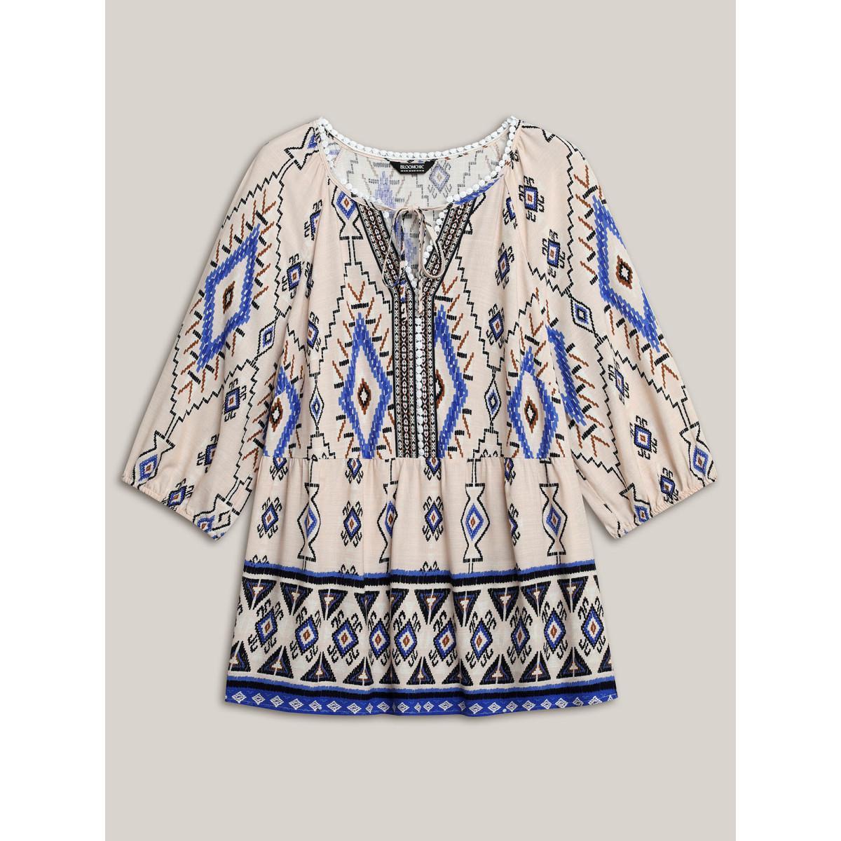 Plus Size Multicolor Boho Print Lace Detail Neck Tie Blouse Women Elbow-length sleeve Notched collar Vacation Blouses BloomChic 22-24/3X Product Image