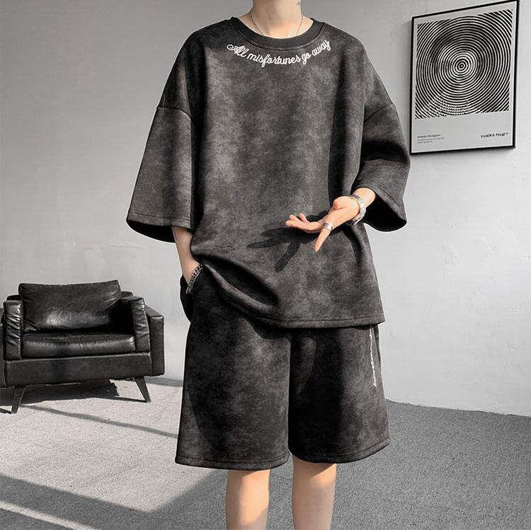 Set: Short Sleeve Round Neck Lettering Embroidered Tie Dye T-Shirt + Elastic Waist Sweat Shorts Product Image