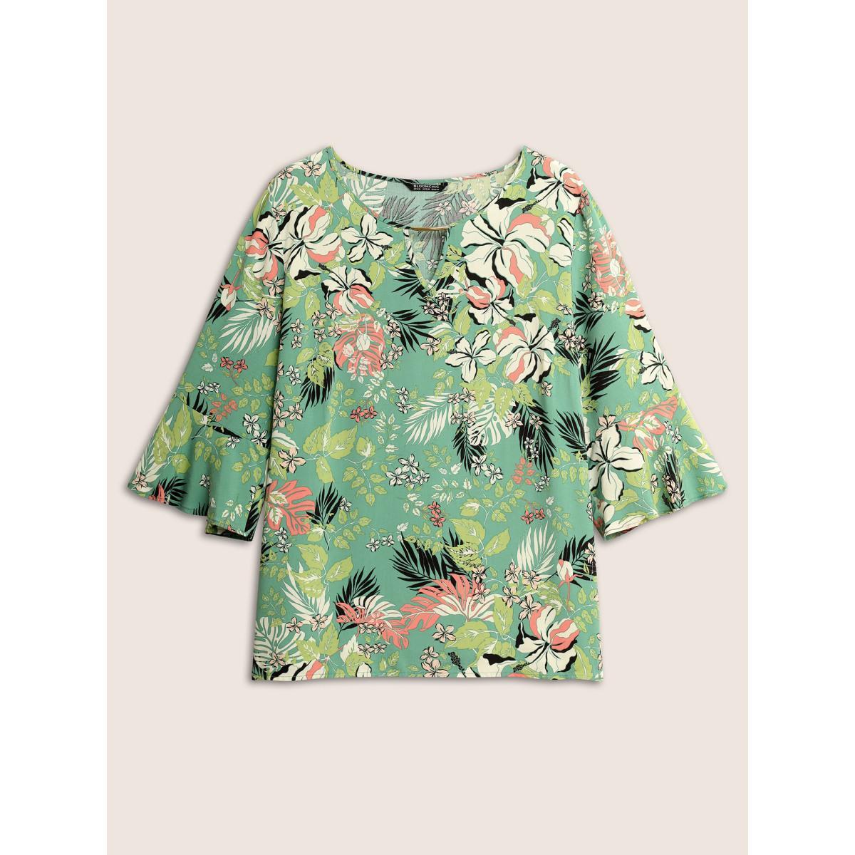 Plus Size Mint Tropical Print Keyhole Flutter Sleeve Blouse Women Resort Elbow-length sleeve Round Neck Vacation Blouses BloomChic 22-24/3X Product Image