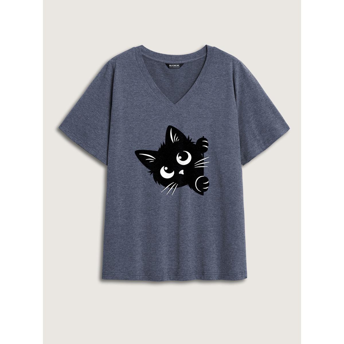 Plus Size Bookish Cat Printed Round Neck T-Shirt Indigo Women Non Animals Round Neck Everyday-Casual T-shirts BloomChic 12/L Product Image