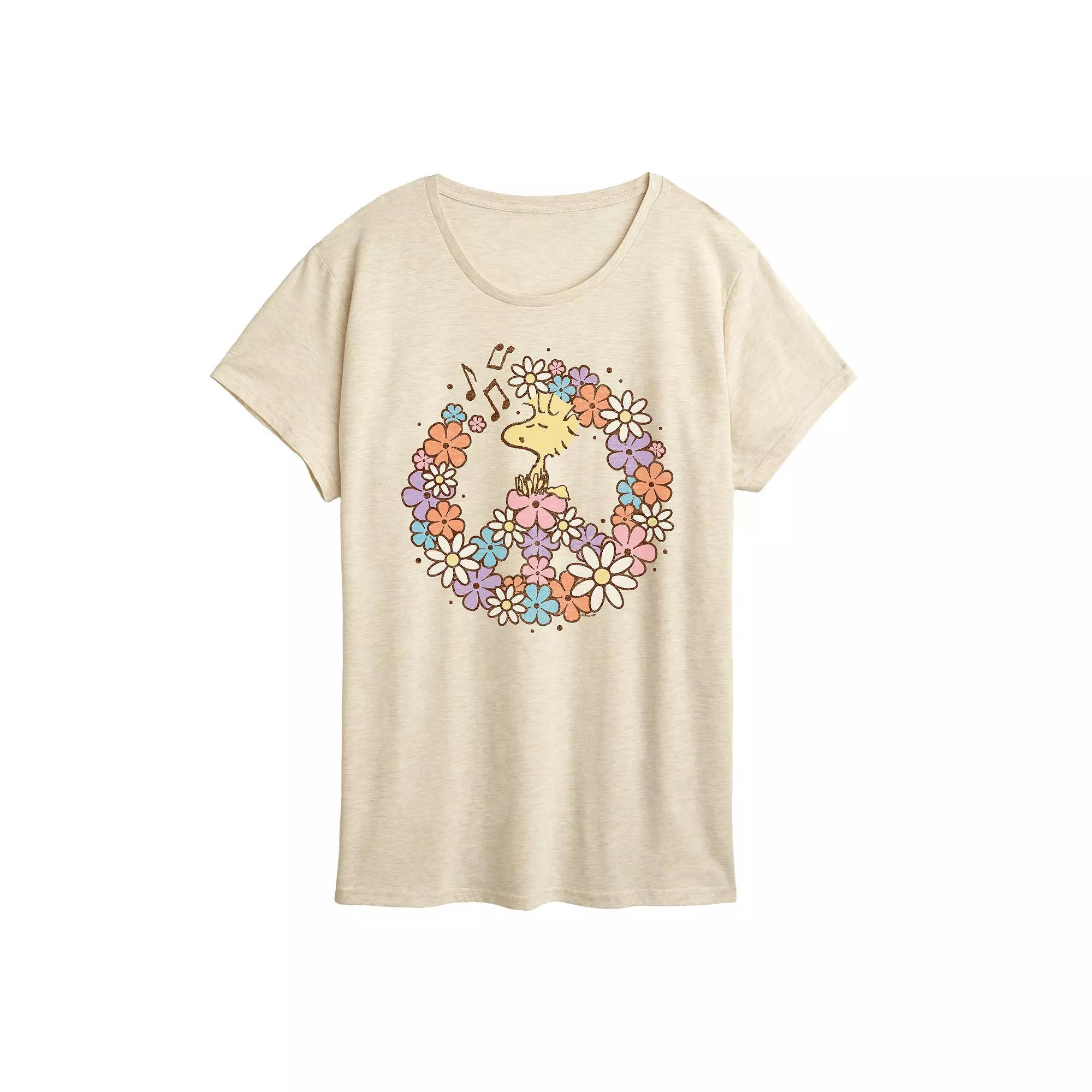 Womens Peanuts Woodstock Floral Peace Sign Graphic Tee Product Image