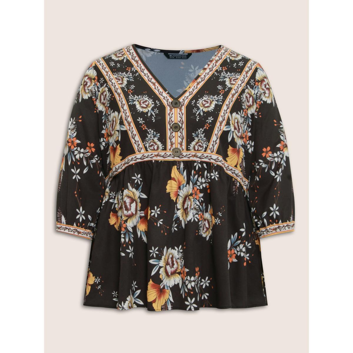 Plus Size Black Boho Print V Neck Button Detail Gathered Blouse Women Vacation Elbow-length sleeve V-neck Vacation Blouses BloomChic 28/5X Product Image