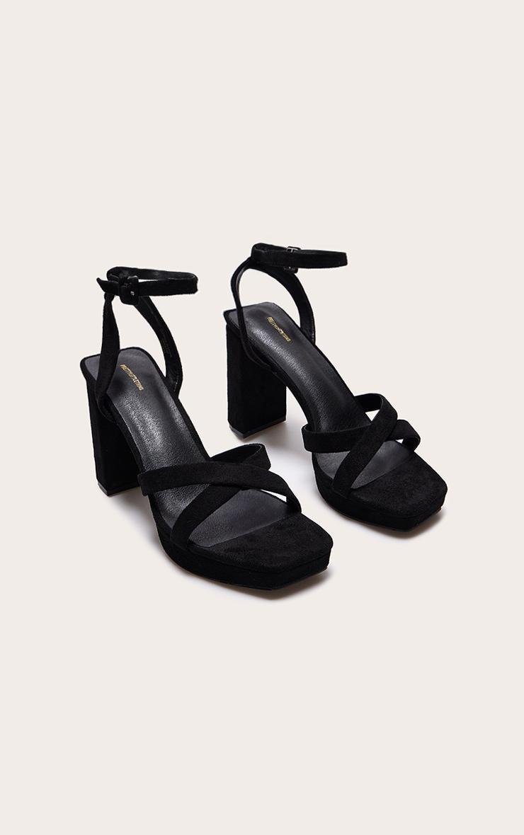 Black Faux Suede Square Toe Lace Up Flat Chunky Heeled Platforms Product Image