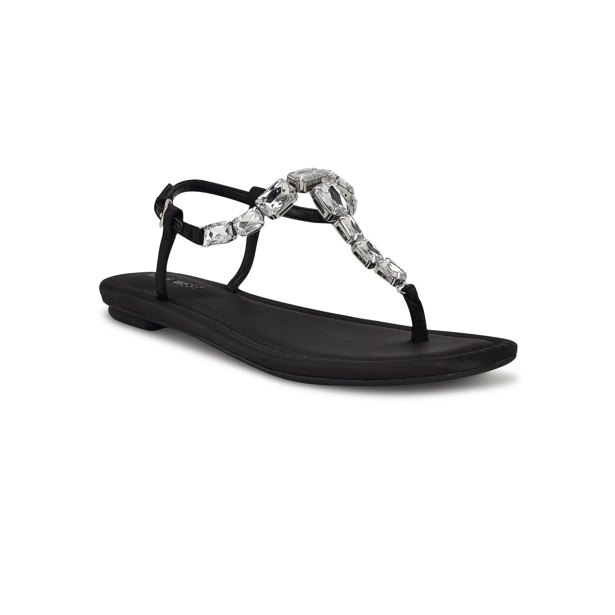 Nine West Dynasti Women's Square Toe Flat Embellished Sandals, Size: 7.5, Black Product Image
