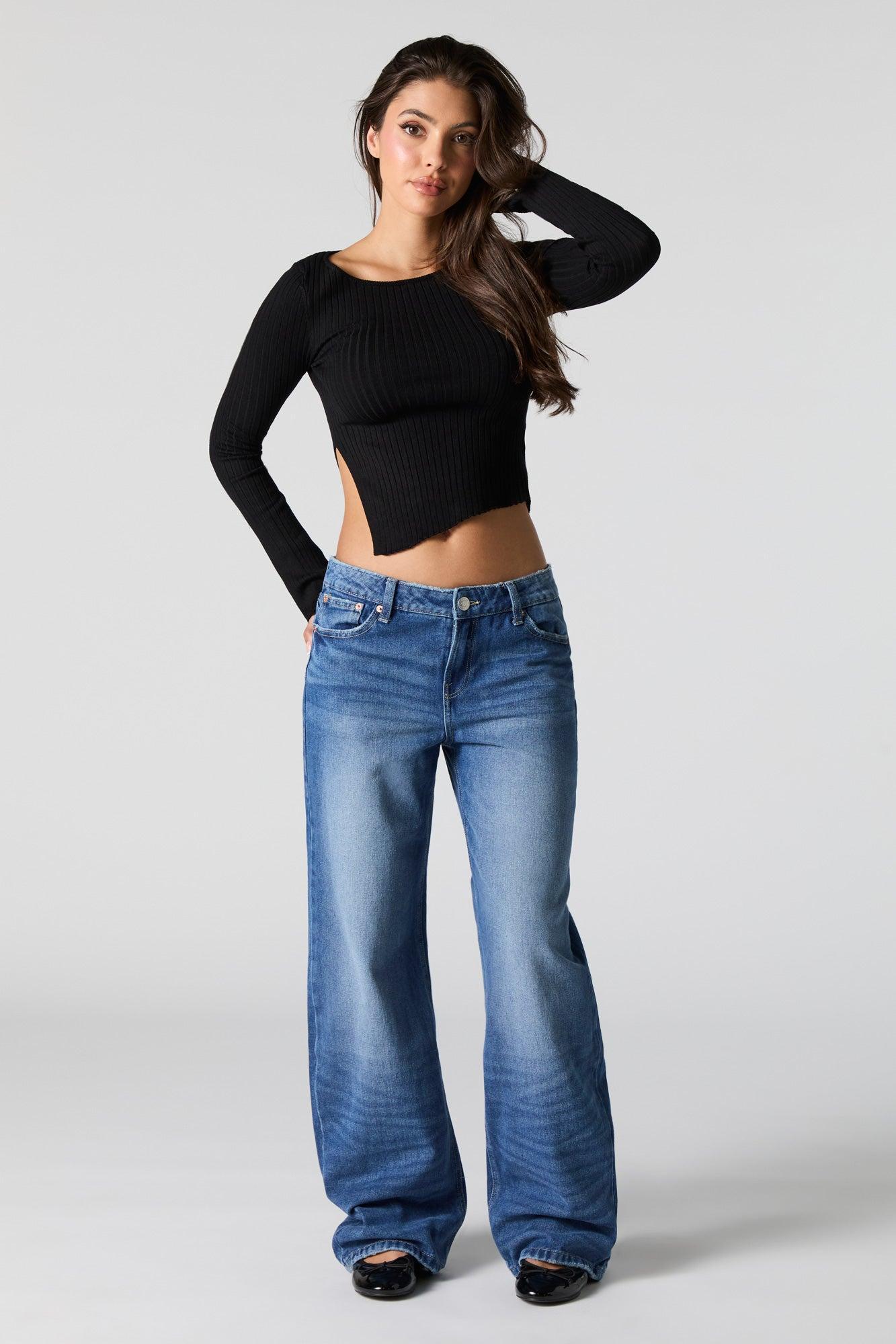 Asymmetrical Split Hem Ribbed Knit Sweater Female Product Image