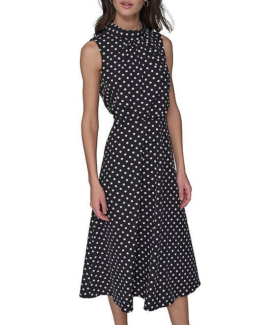 KARL LAGERFELD PARIS Crepe Dotted Print Mock Neck Sleeveless Midi Dress Product Image