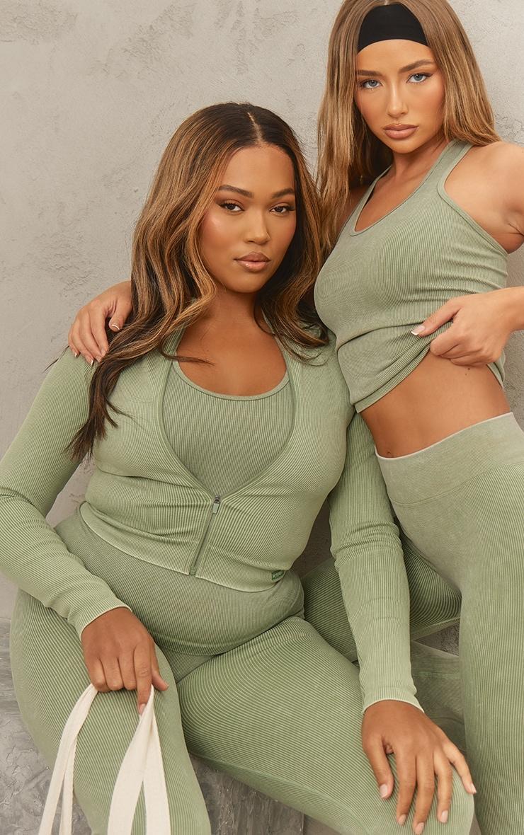 Khaki Acid Wash Seamless Rib Flare Yoga Pants Product Image