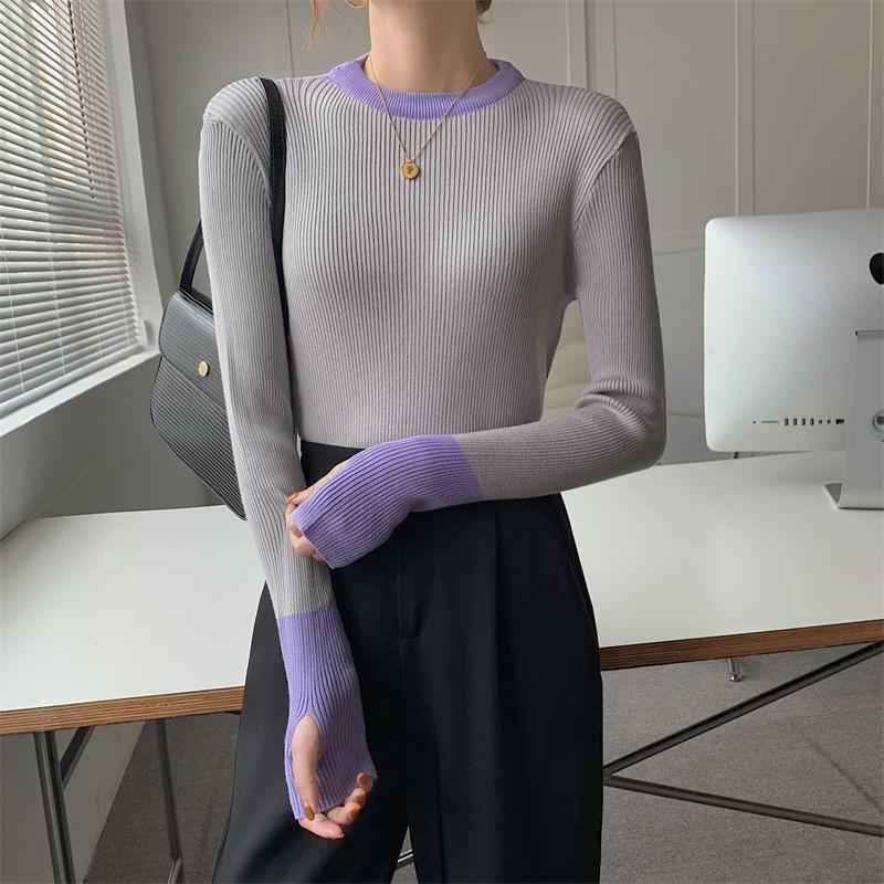 Long-Sleeve Crew Neck Contrast Trim Ribbed Knit Top Product Image