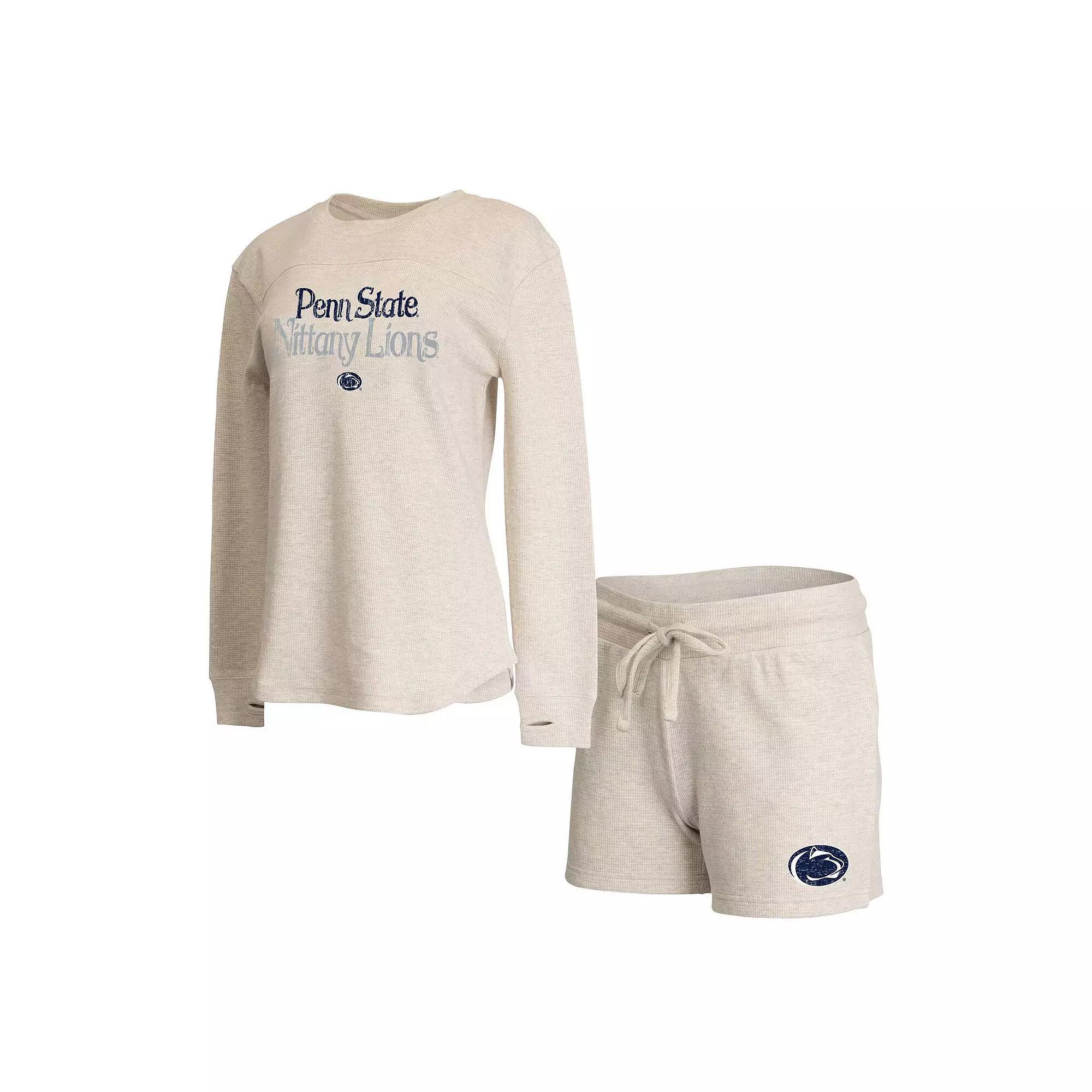 Women's Concepts Sport Cream Penn State Nittany Lions Waffle Fabric Long Sleeve T-Shirt & Shorts Set, Size: XL, Beige Product Image