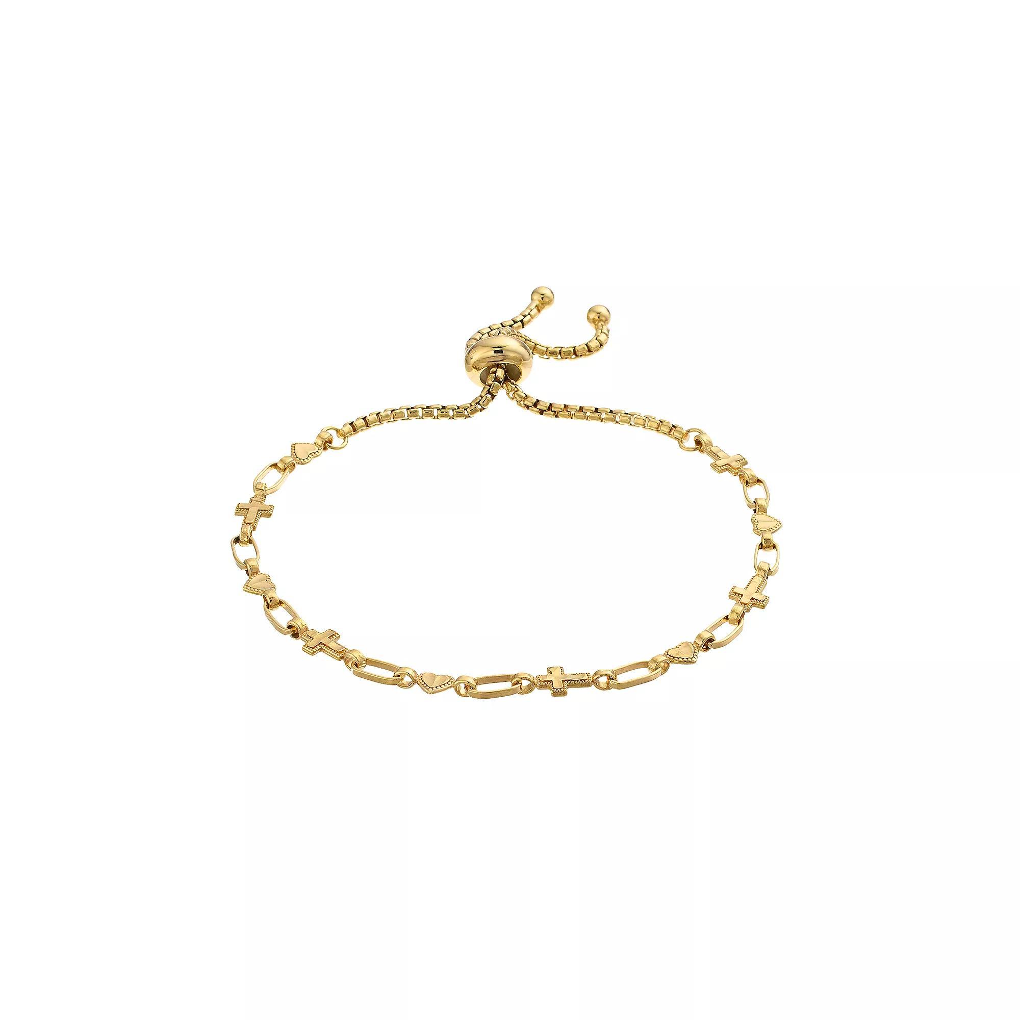 Kristen Kesho Sterling Silver Cross & Heart Link Adjustable Bolo Bracelet, Women's, Size: 9.50, Gold Tone Product Image