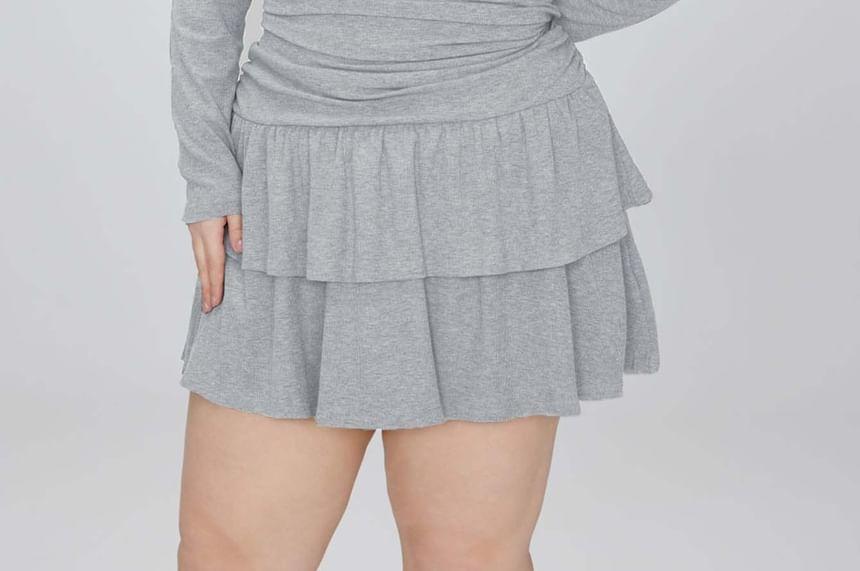 Plus Size Long-Sleeve Scoop Neck Henley Melange Tiered Mini A-Line Dress Product Image