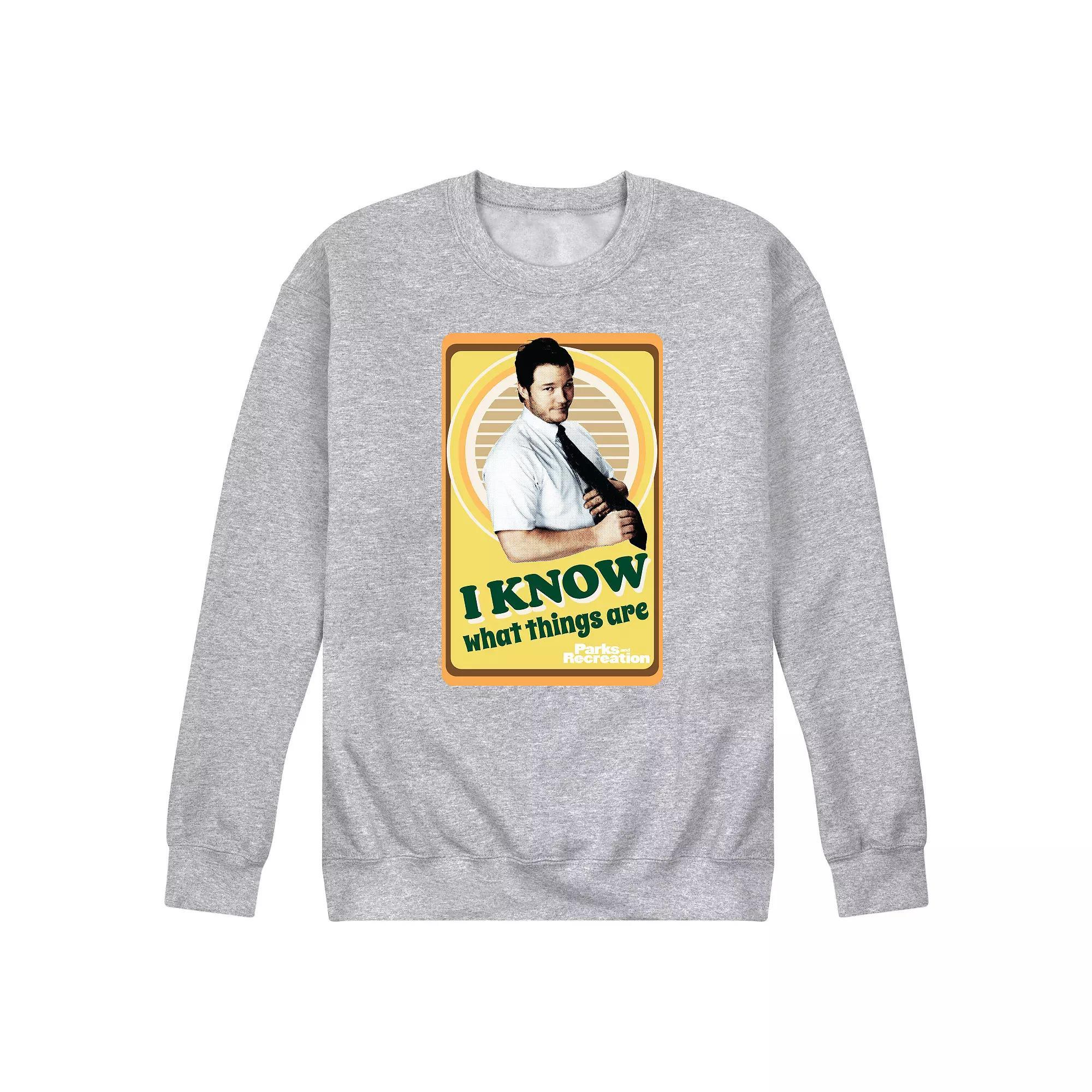 Mens Parks And Recs I Know What Things Fleece Sweatshirt Athletic Grey Product Image