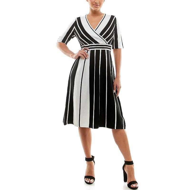 Women's Nina Leonard Surplice Striped Fit & Flare Sweater Dress, Size: Large, Black Ivory Product Image