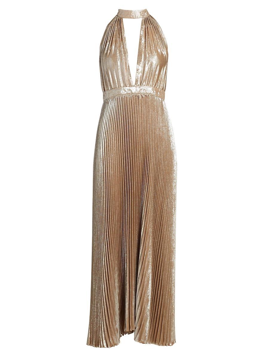Womens La Fte Chateau Metallic Pleated Halterneck Gown Product Image