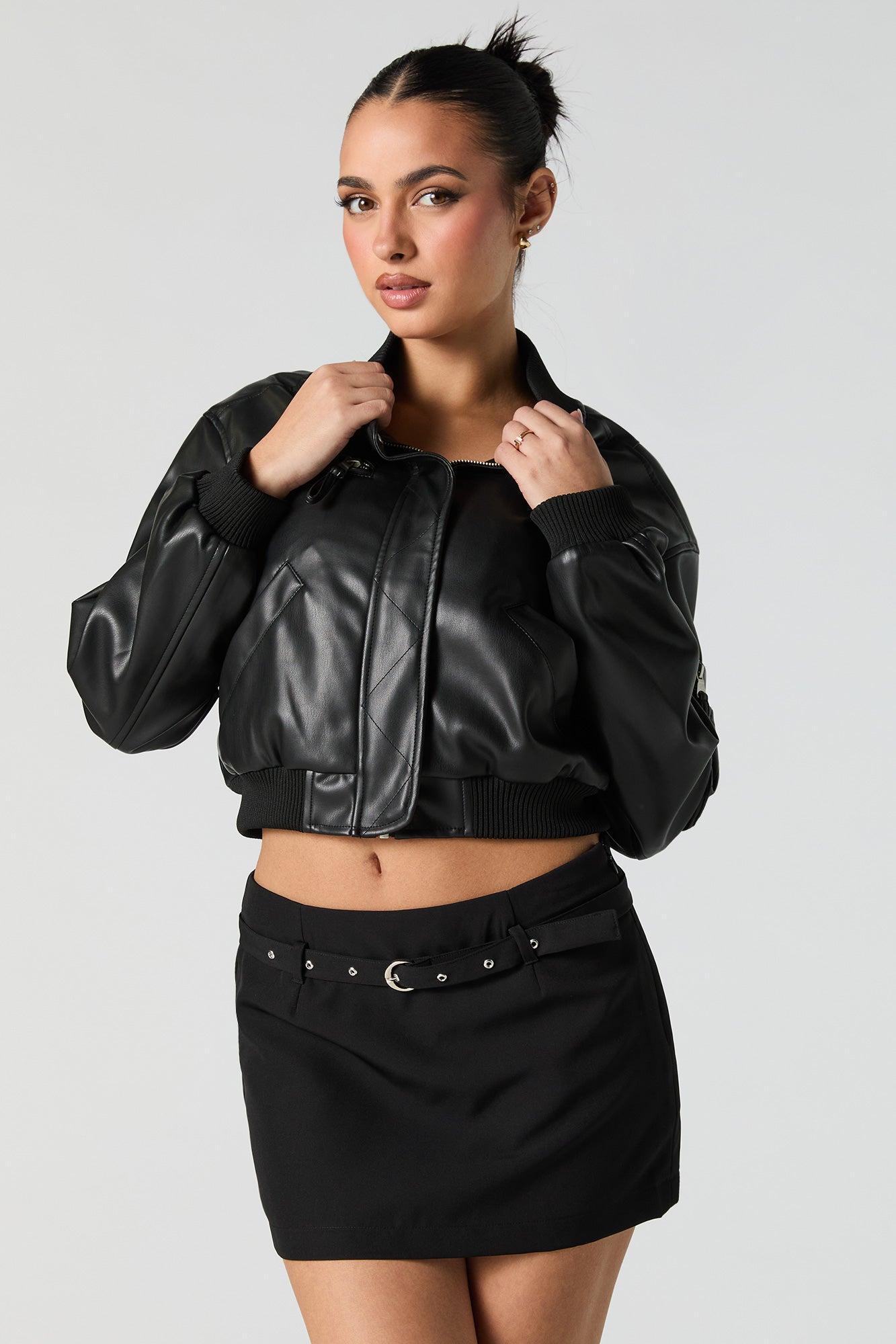 Faux Leather Cropped Bomber Jacket Female Product Image