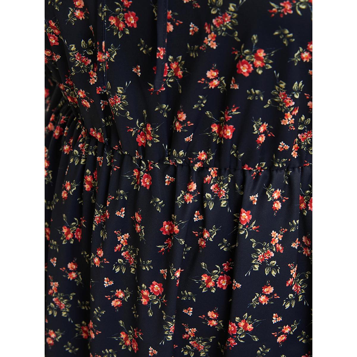 Plus Size Ditsy Floral Frill Trim Tie Neck Pocket Arc Hem Dress DarkBlue Women Elegant Cross straps Round Neck Half Sleeve Curvy Midi Dress BloomChic 18-20/2X Product Image