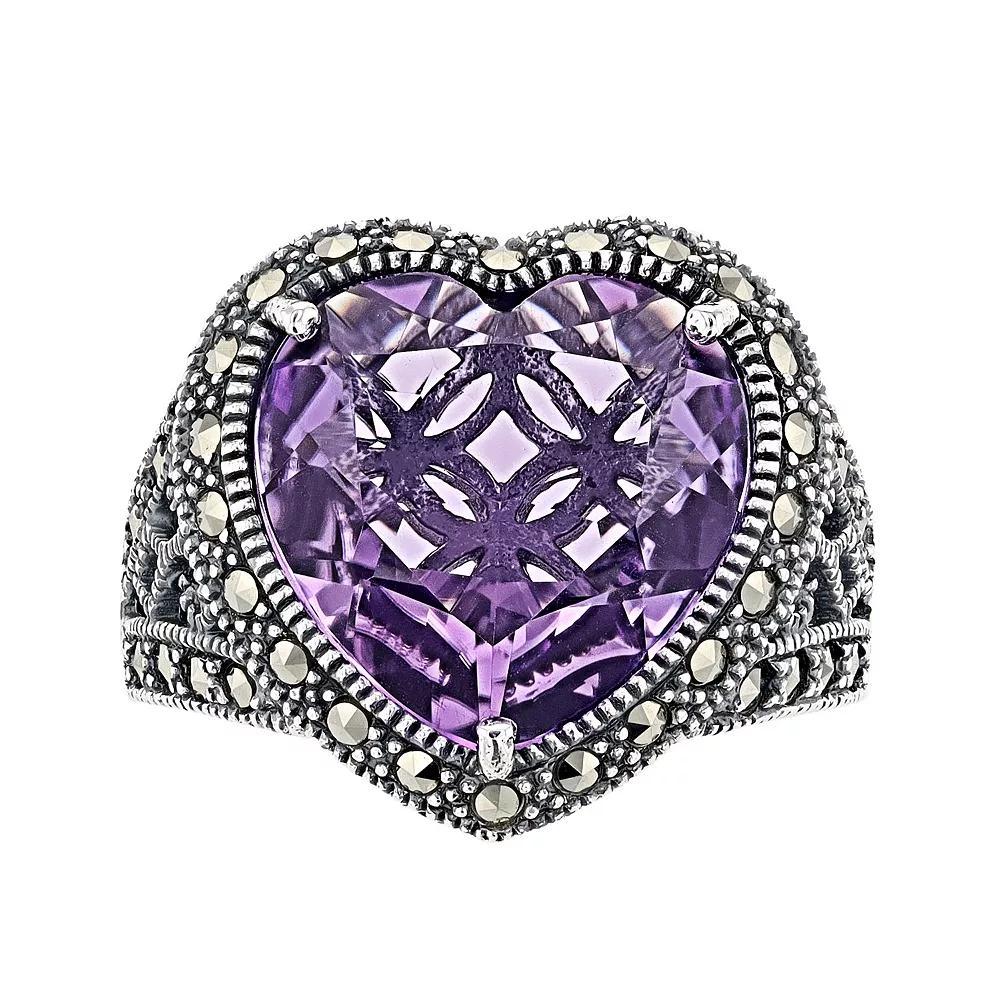 Lavish by TJM Sterling Silver Lab-Created Amethyst & Marcasite Heart Ring, Women's, Size: 9 Product Image