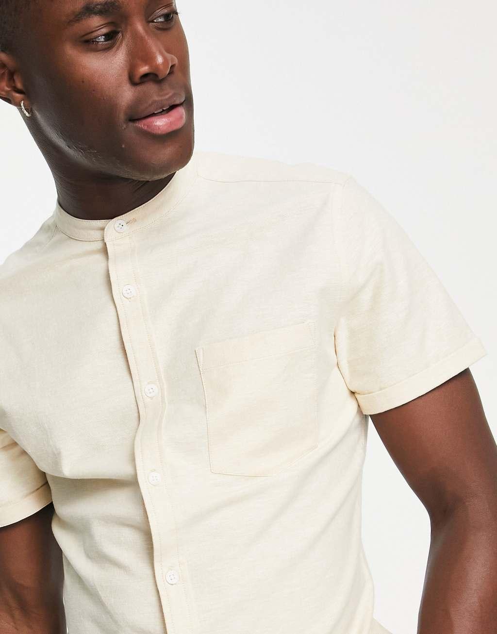 ASOS DESIGN slim oxford shirt with band collar in light beige yarn dye Product Image