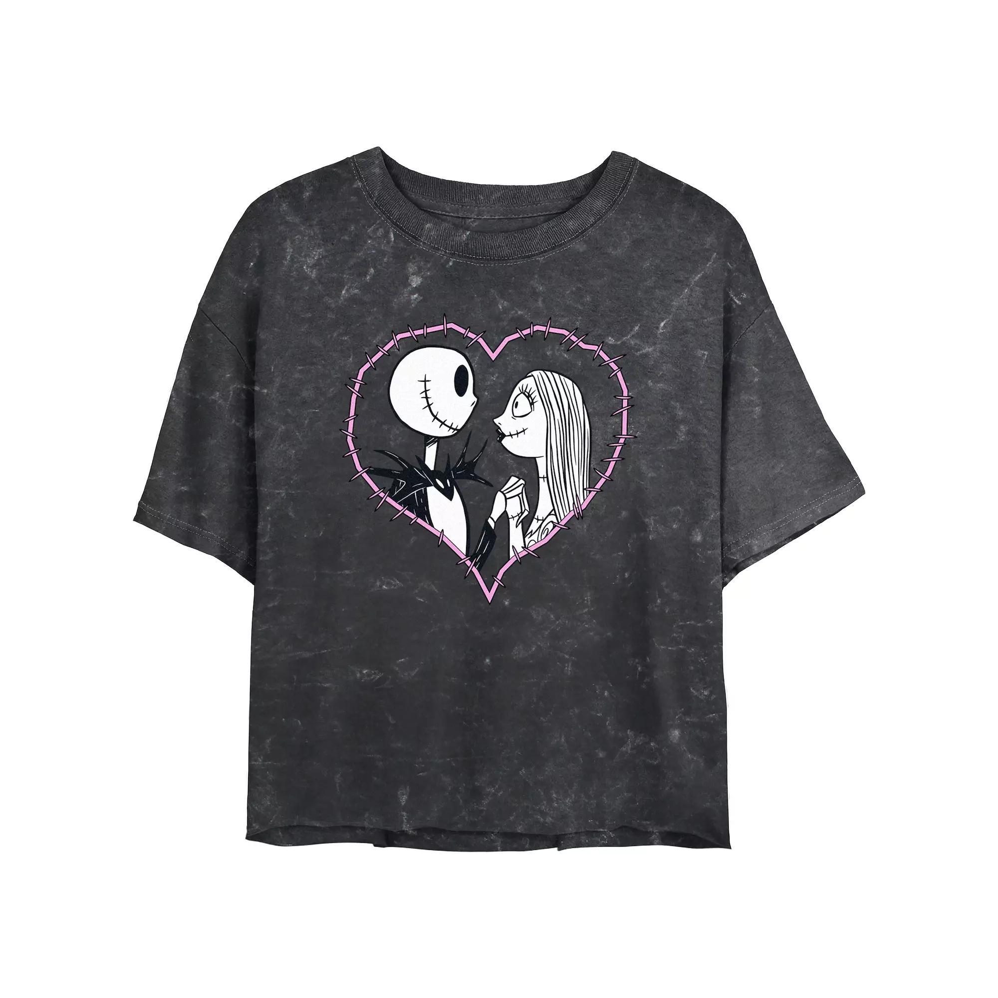Disneys The Nightmare Before Christmas Jack And Sally Love Crop Top Mineral Wash Juniors Graphic Tee, Womens Product Image