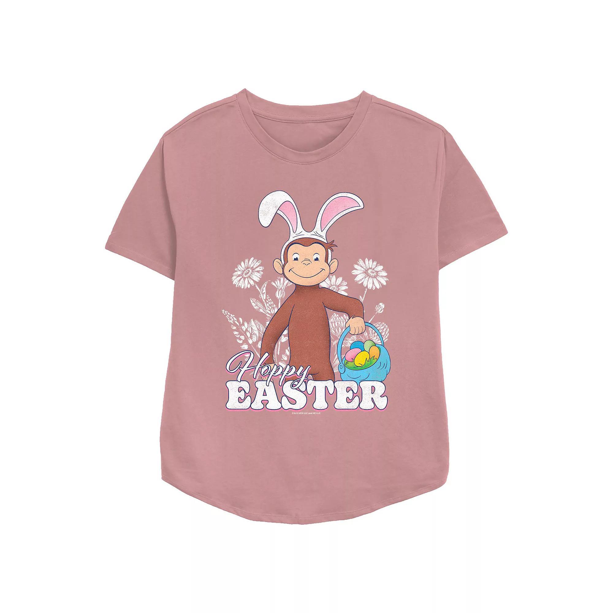 Women's Curious George Happy Easter Egg Hunt Relaxed Fit Graphic Tee, Size: Medium, Pink Product Image