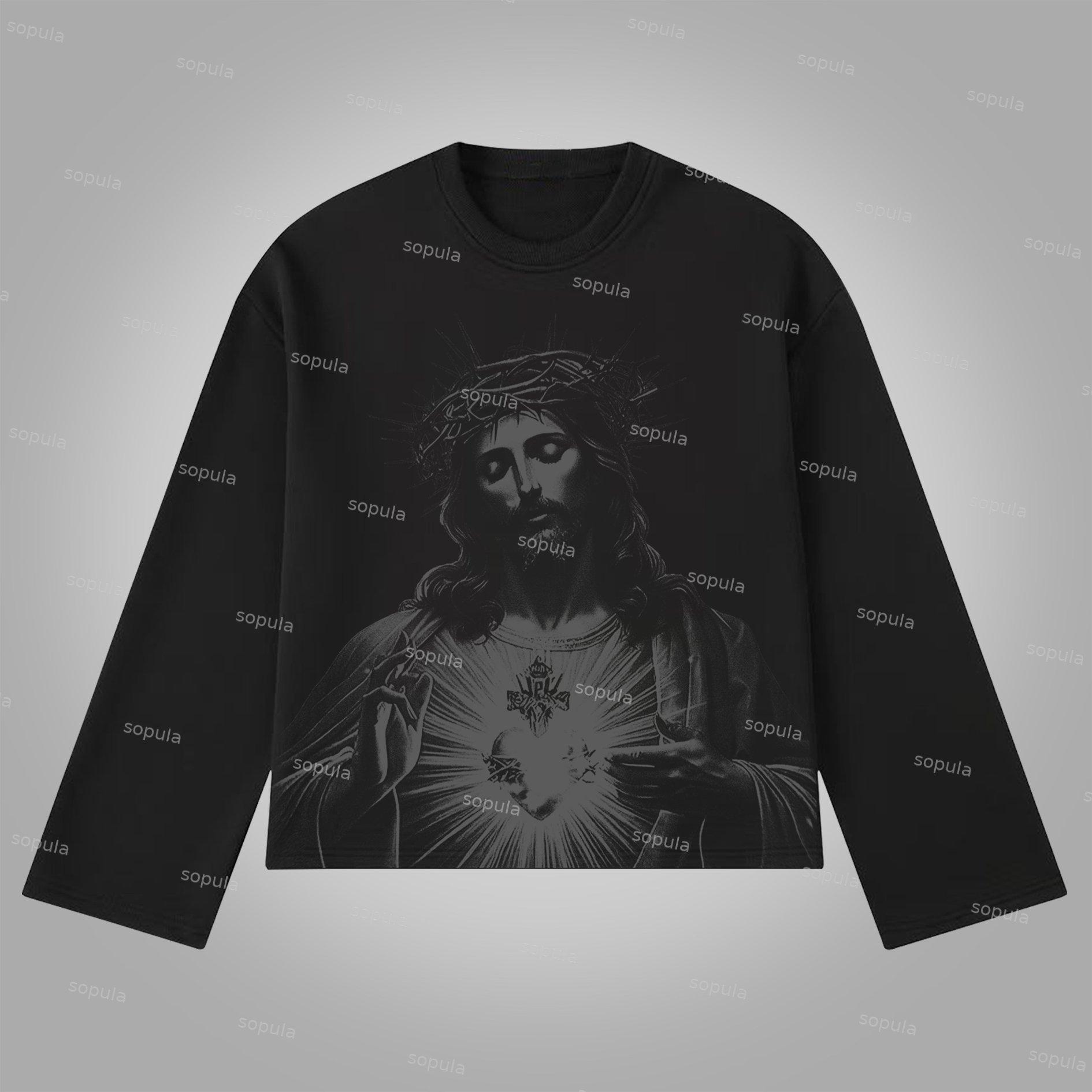 Sopula Vintage Jesus Print Graphics Cotton Long Sleeve T-Shirt Product Image