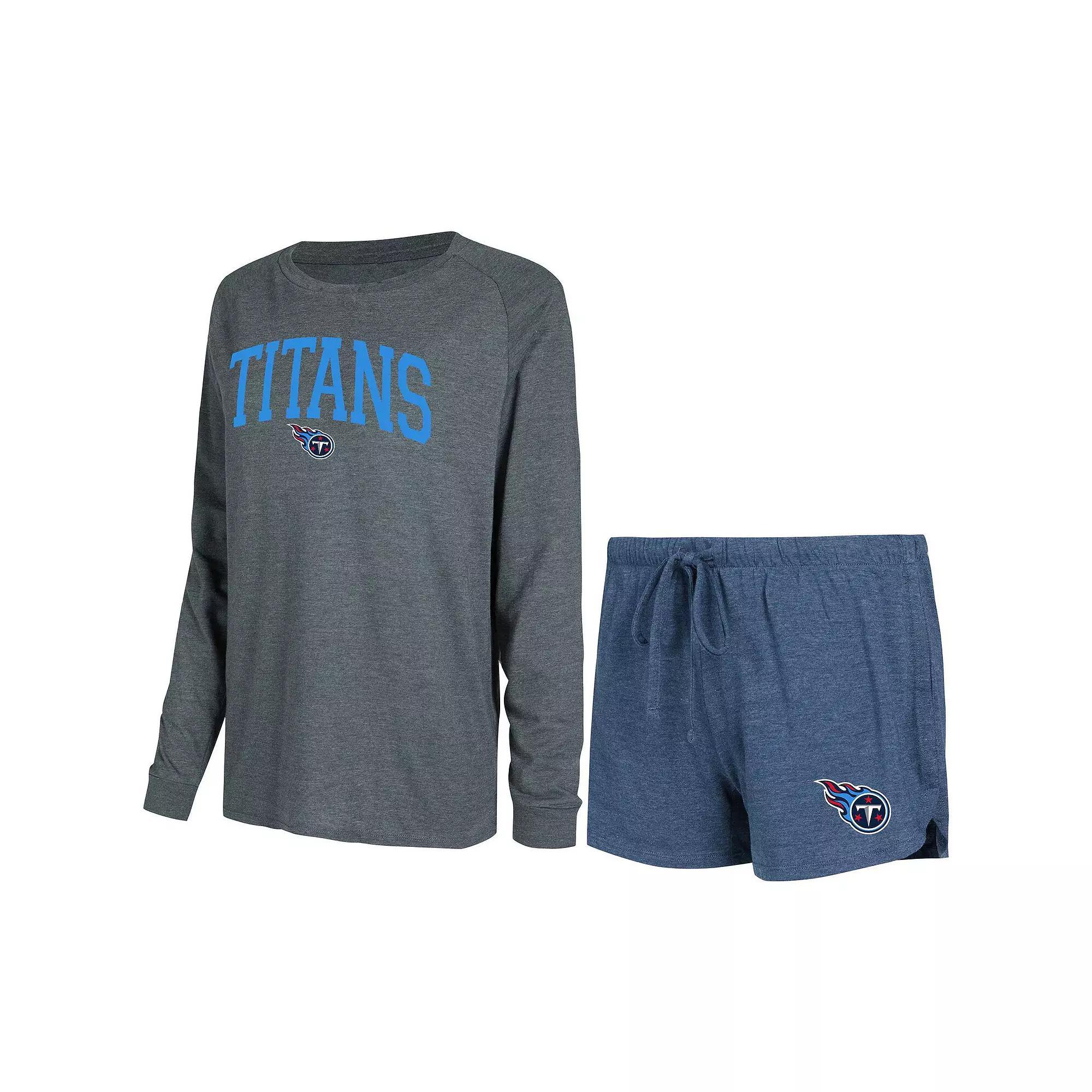 Women's Concepts Sport Navy/Charcoal Tennessee Titans Raglan Long Sleeve T-Shirt & Shorts Lounge Set, Size: Medium, Blue Product Image