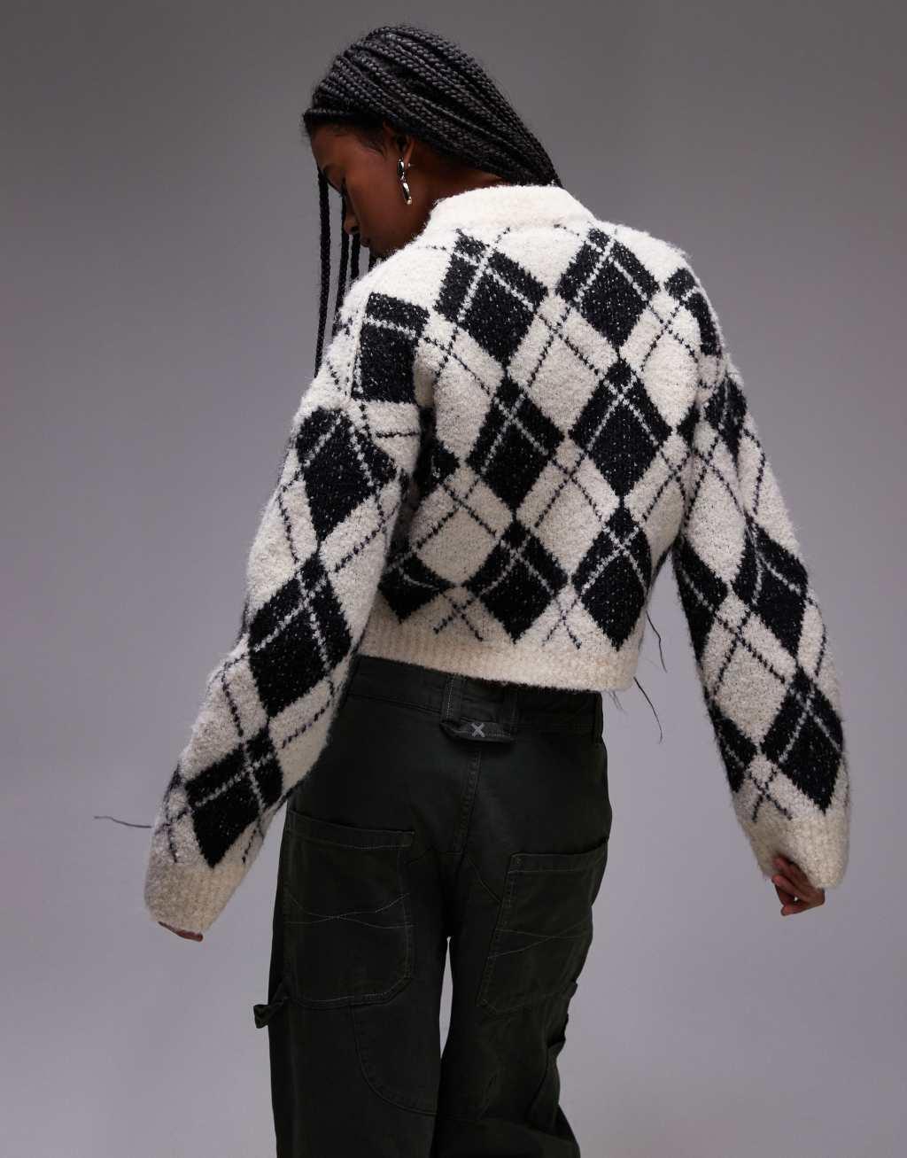 Topshop knitted diamond high v neck sweater in mono Product Image