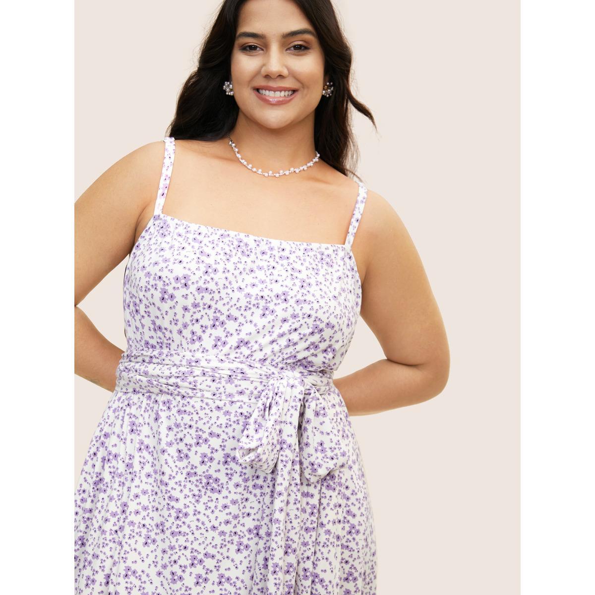 Plus Size Everywhere Dress - Ditsy Floral Belted Dress Lilac Women Elegant Belted Non Short sleeve Curvy BloomChic 30/6X Product Image