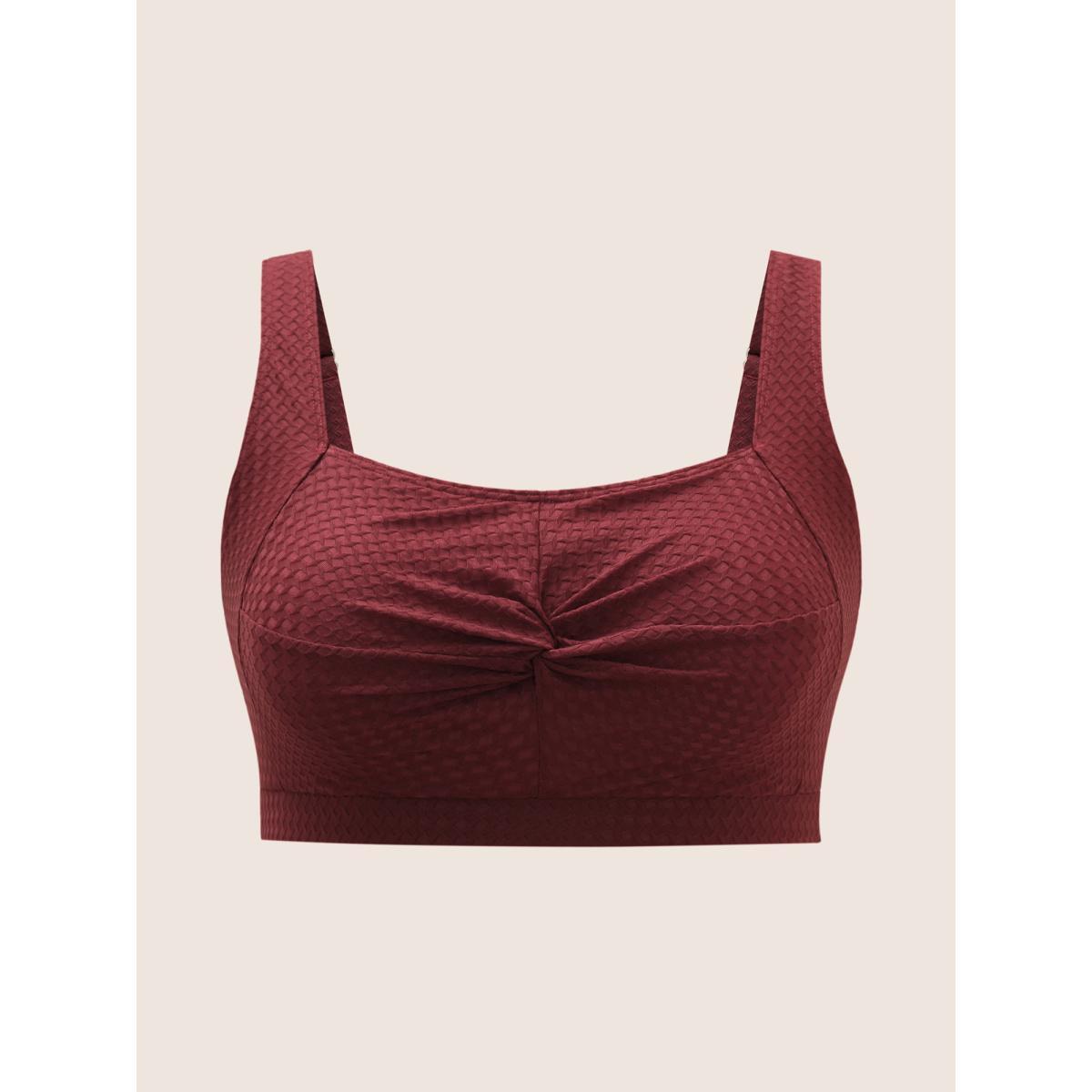 Plus Size Solid Twist Texture Swim Top Women's Swimwear Burgundy Beach Twist High stretch Skinny Heart neckline Curve Swim Tops BloomChic 18-20/2X Product Image