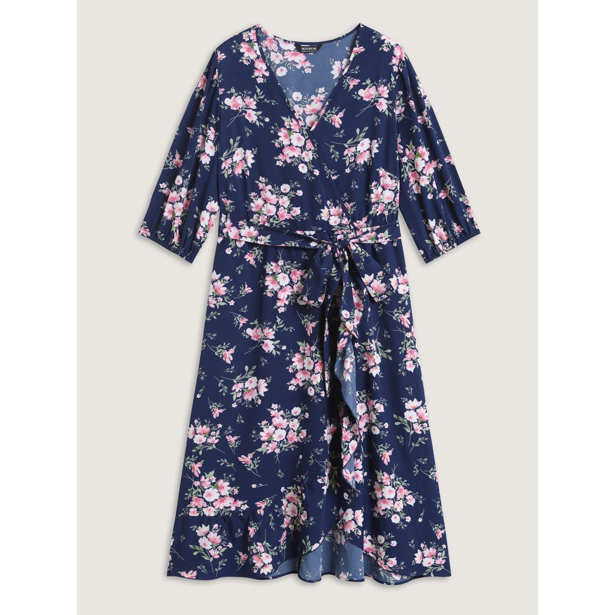Plus Size Floral Print Belted Wrap Hem Midi Dress Skyblue Women Overlap Collar Elbow-length sleeve Curvy BloomChic 22-24/3X Product Image