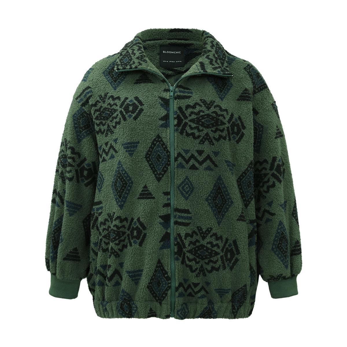 Plus Size Geometric Pocket Gathered Zipper Jacket Women Green Zipper Pocket Dailywear Jackets BloomChic 28/5X Product Image