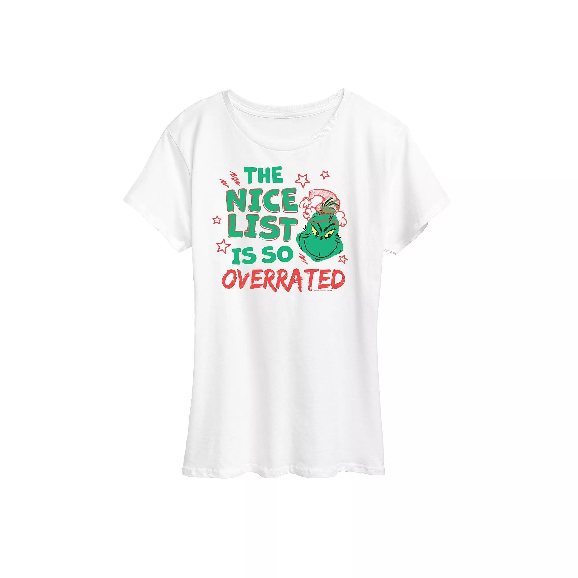 Womens Dr. Seuss The Grinch Nice List Overrated Graphic Tee, Girls Product Image