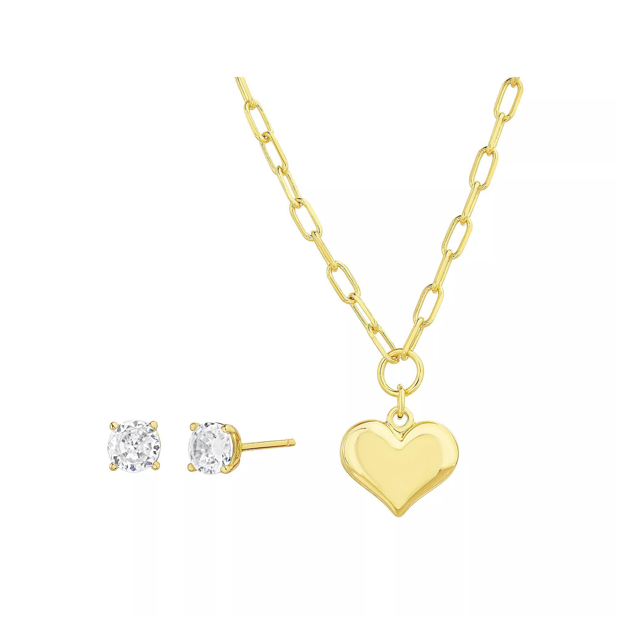 Guided by Faith 14k Gold Flash Plated Puffy Heart Necklace & Cubic Zirconia Stud Earring Set, Womens Gold Tone Product Image