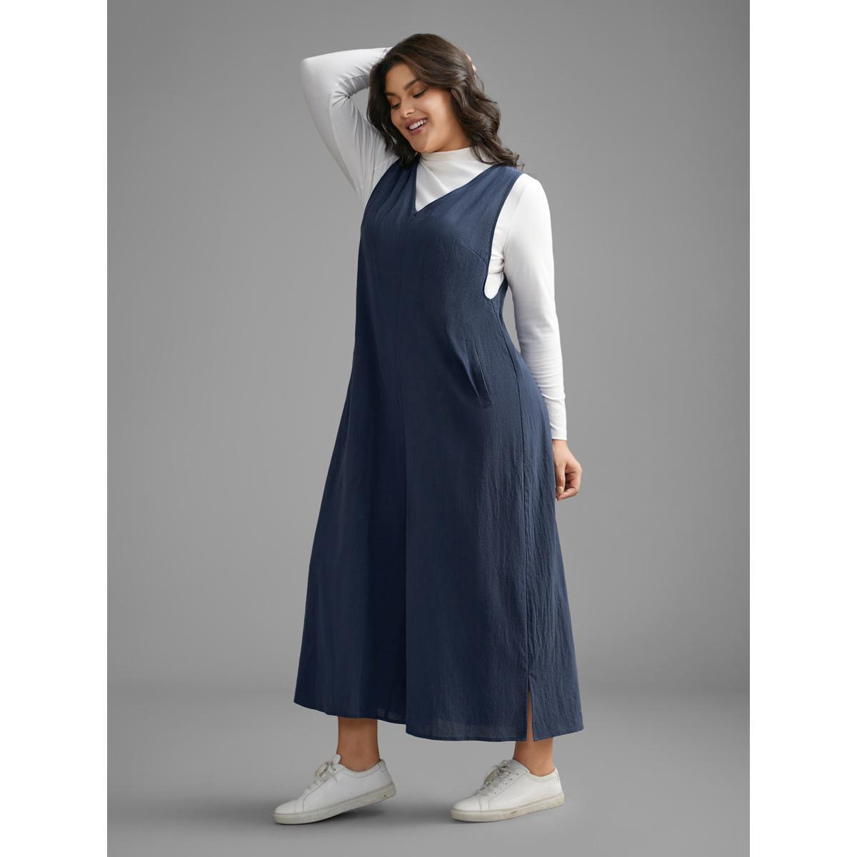 Plus Size Navy Cotton Solid V Neck Loose Jumpsuit Women Casual Sleeveless V-neck Everyday Loose Jumpsuits BloomChic 10/M Product Image