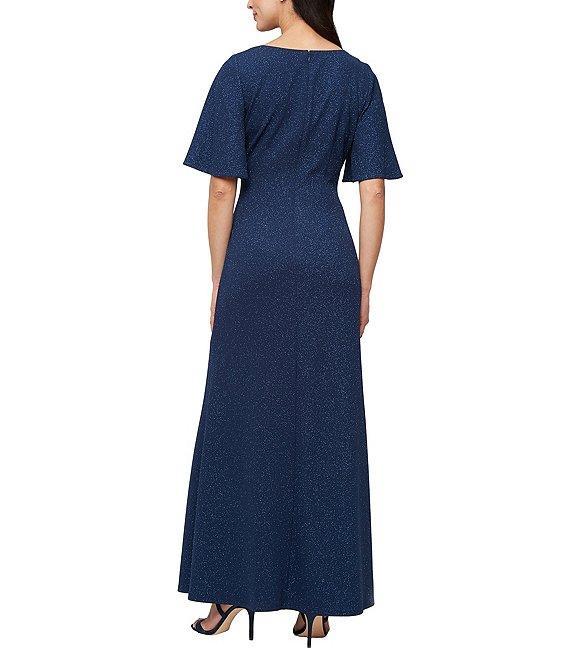 Ignite Evenings Petite Size Metallic Knit L-Neck Short Sleeve Gown Product Image