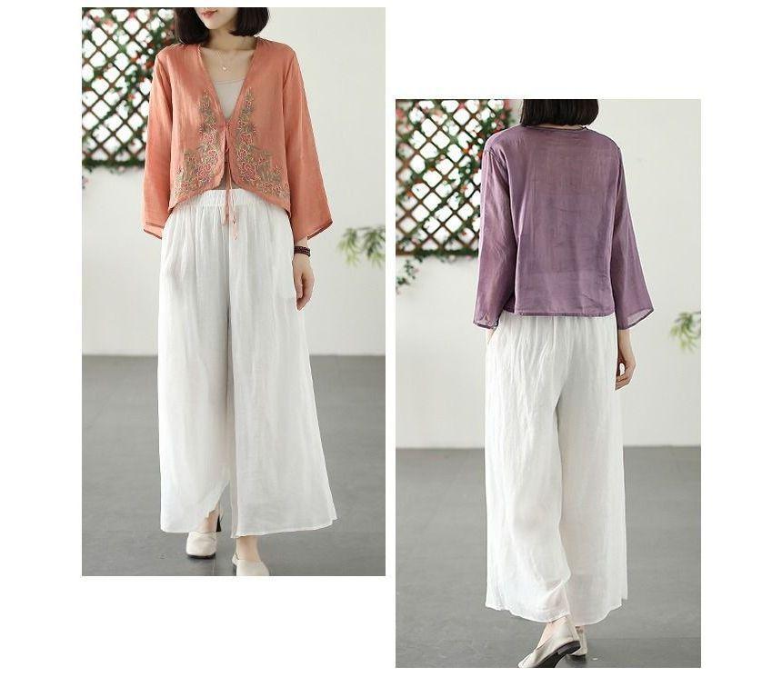 V-Neck Flower Embroidered Blouse Product Image