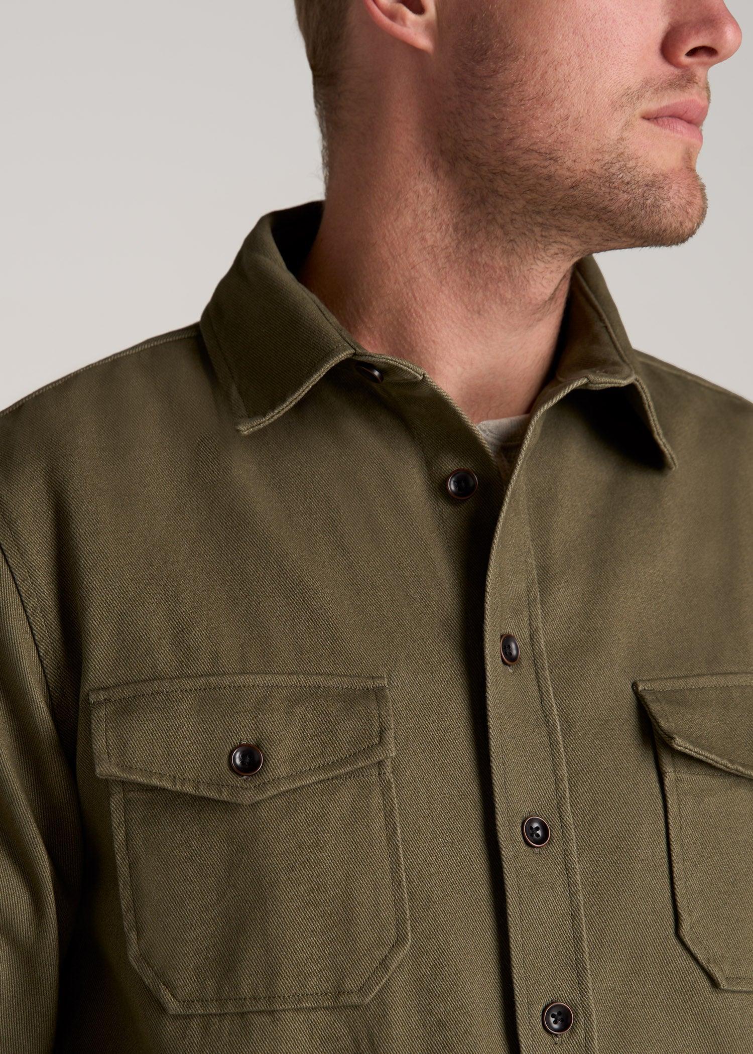 LJ&S Heavyweight Cotton Twill Overshirt for Tall Men in Vintage Moss Green Product Image